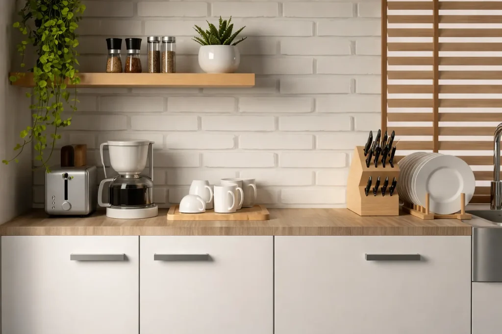 Contemporary open kitchen with half wall counter partition and bar stools