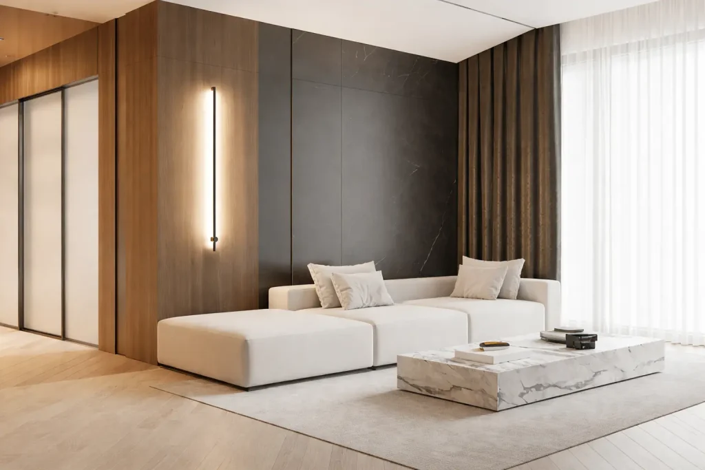 Luxury modern living room with wooden panels, marble wall, white sectional sofa, and elegant lighting