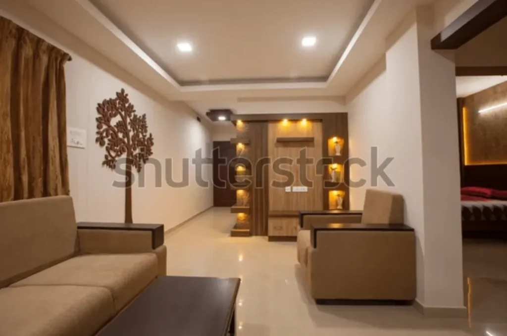 false ceiling with layered gypsum design and subtle wooden elements enhancing lighting in living room