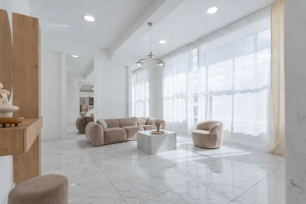 modern living room with marble flooring reflecting natural light in a spacious home interior