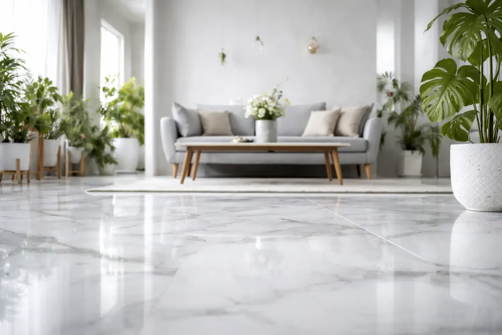 Bright minimalist living room with marble floor, grey sofa and indoor plants