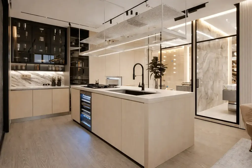 Modern open kitchen with glass partition separating kitchen and living room