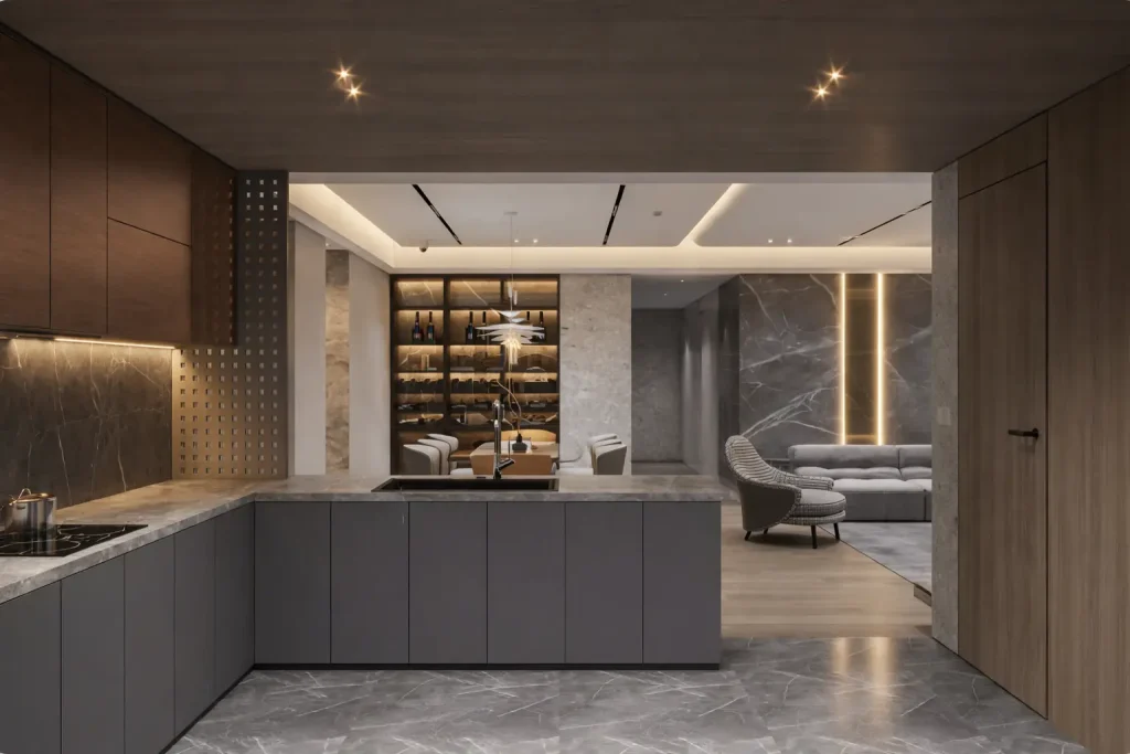 Stylish kitchen with wooden slat partition dividing open kitchen and dining space