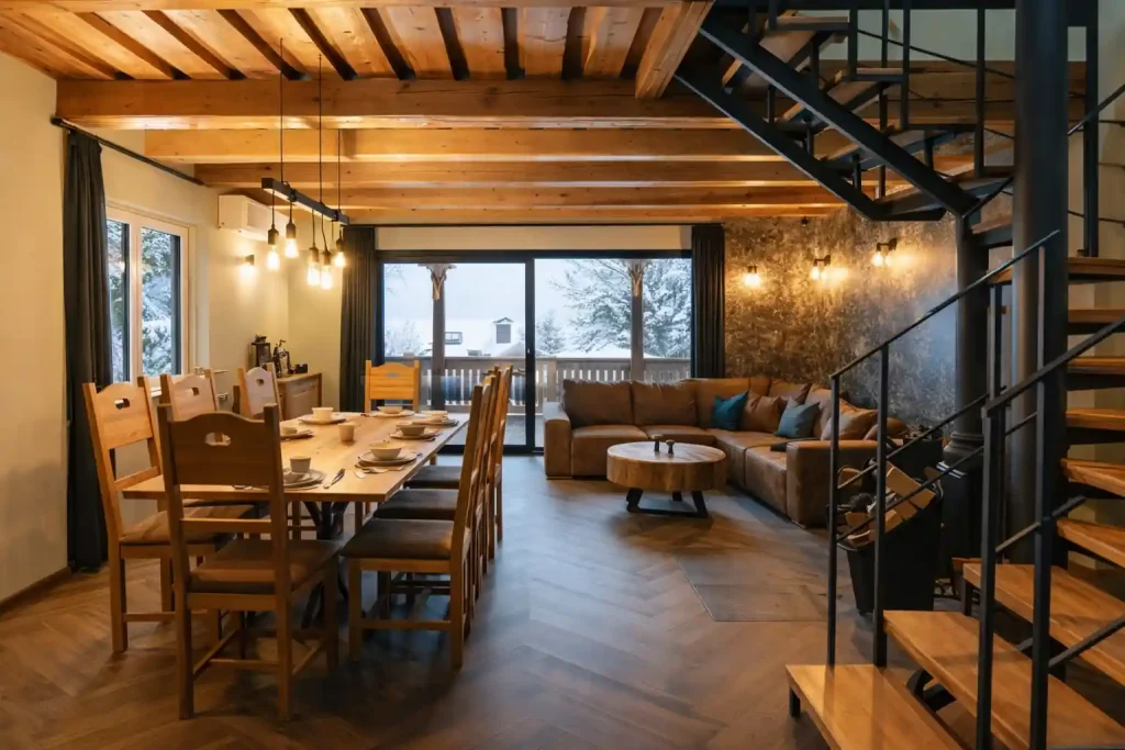 Contemporary duplex staircase with wood and metal railing integrated into a modern living and dining space"