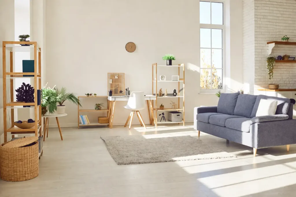 Bright Scandinavian living room with wooden furniture, desk setup, indoor plants, and natural sunlight