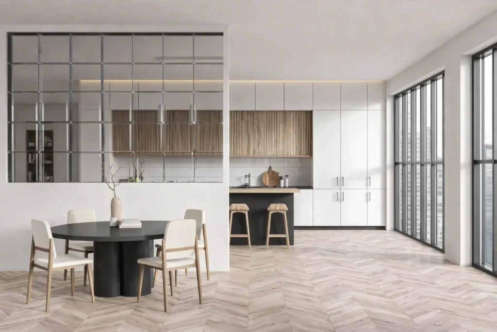 modern kitchen with glass partition and dining space