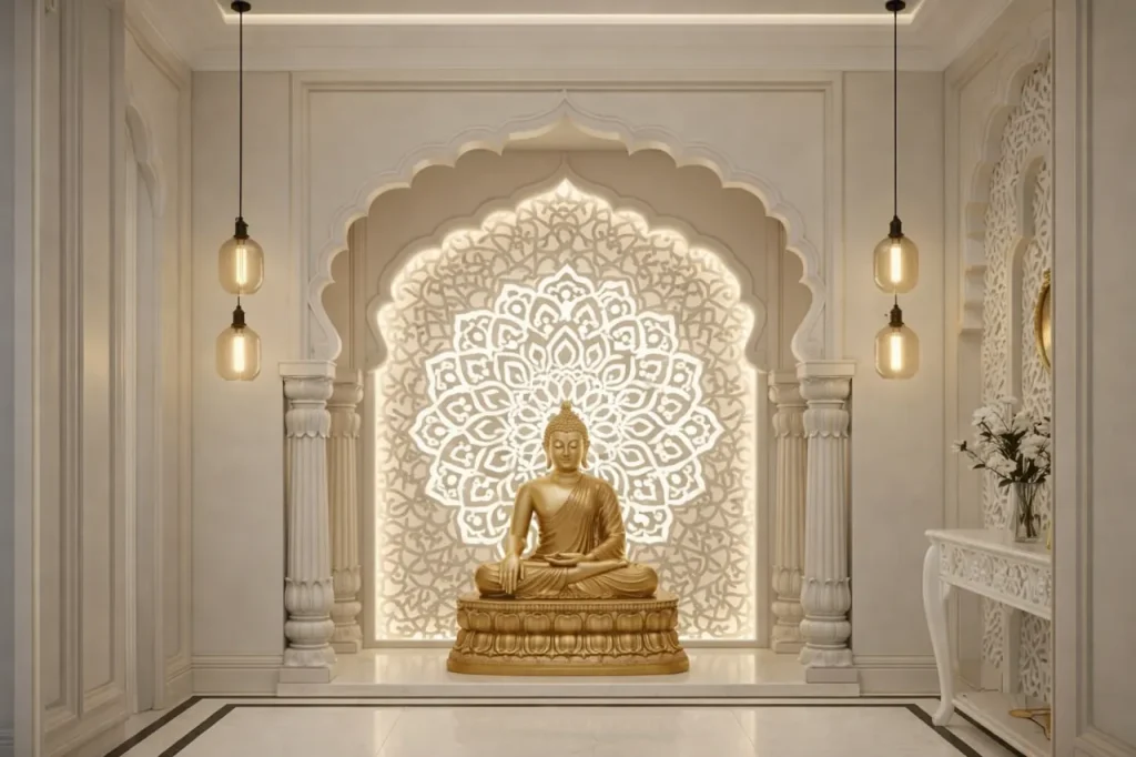 modern pooja room with Buddha idol and decorative carved wall