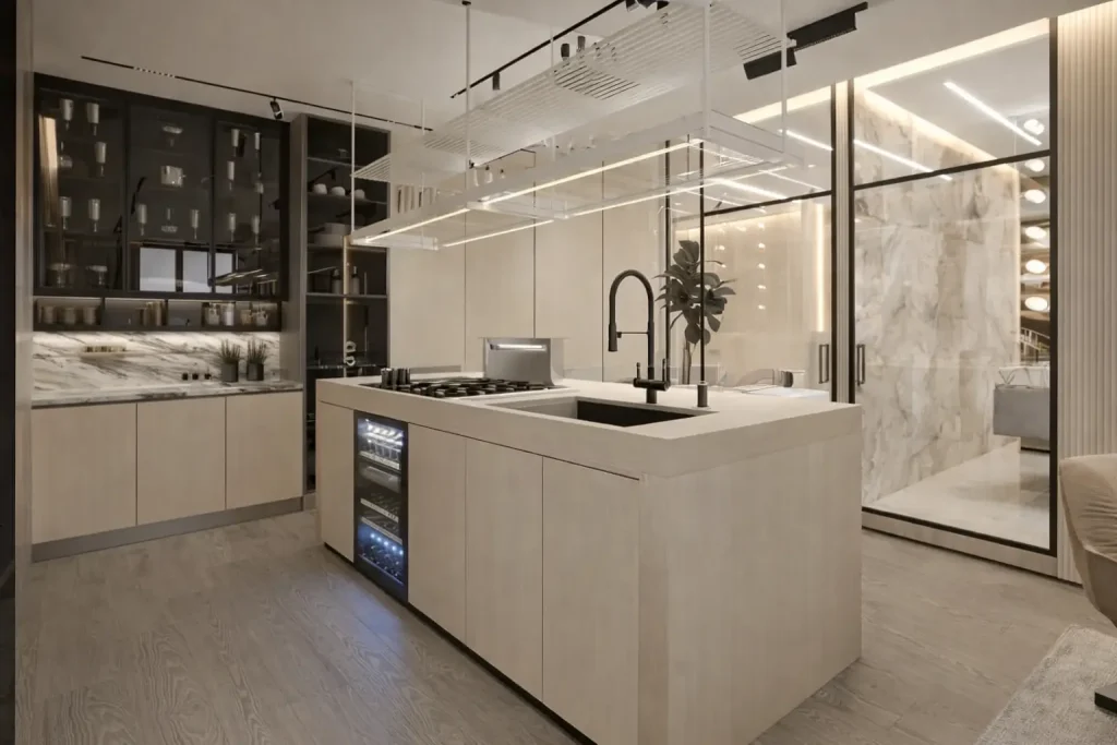 modern kitchen with island and glass partition