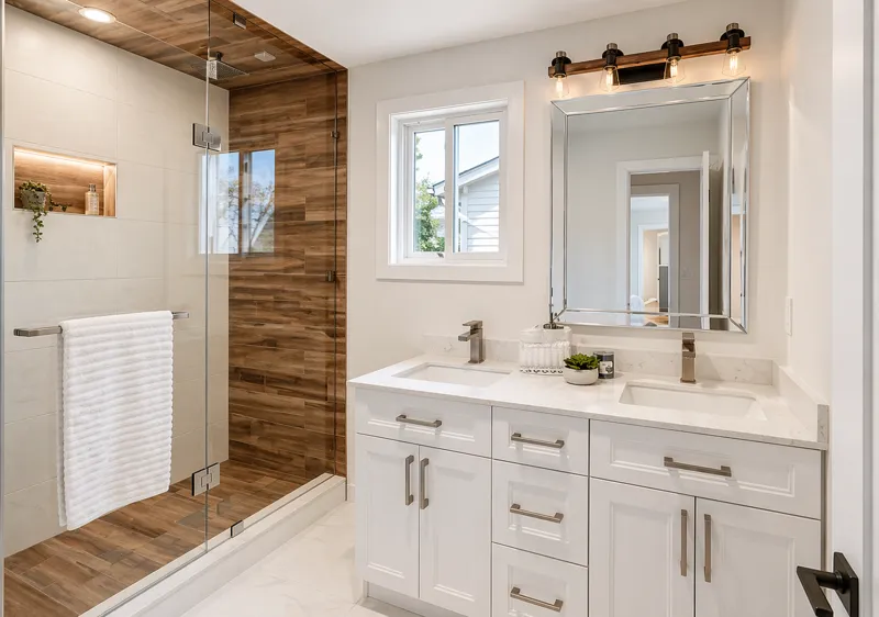 Modern bathroom with glass enclosed shower, wood style tiles, double sink vanity, and large wall mirror