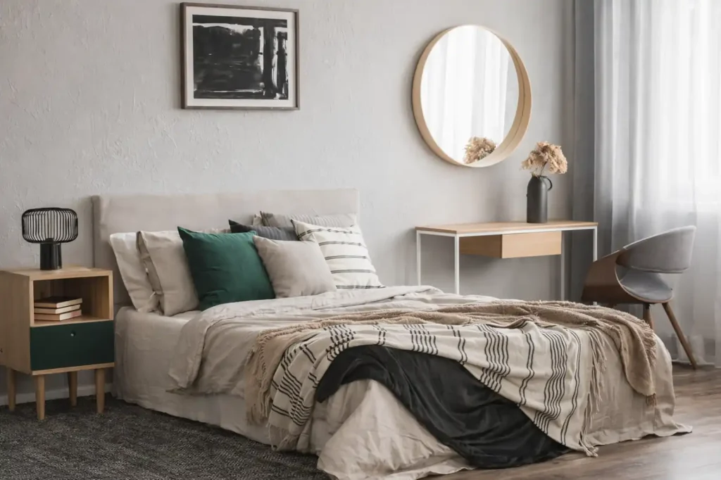 Minimalist bedroom with beige bedding, wooden furniture, round mirror, and soft natural lighting