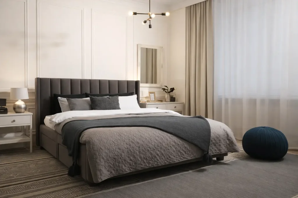 modern minimalist bedroom with wooden bed platform beige interior soft lighting and curtains