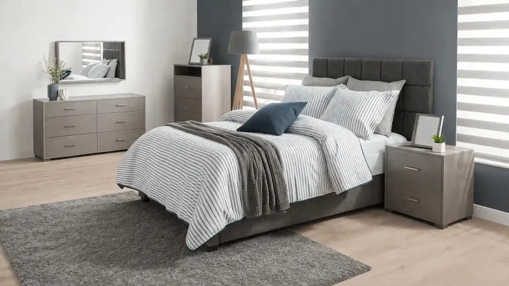 Cozy living room with red accent wall, warm lighting, sofa and wooden coffee table