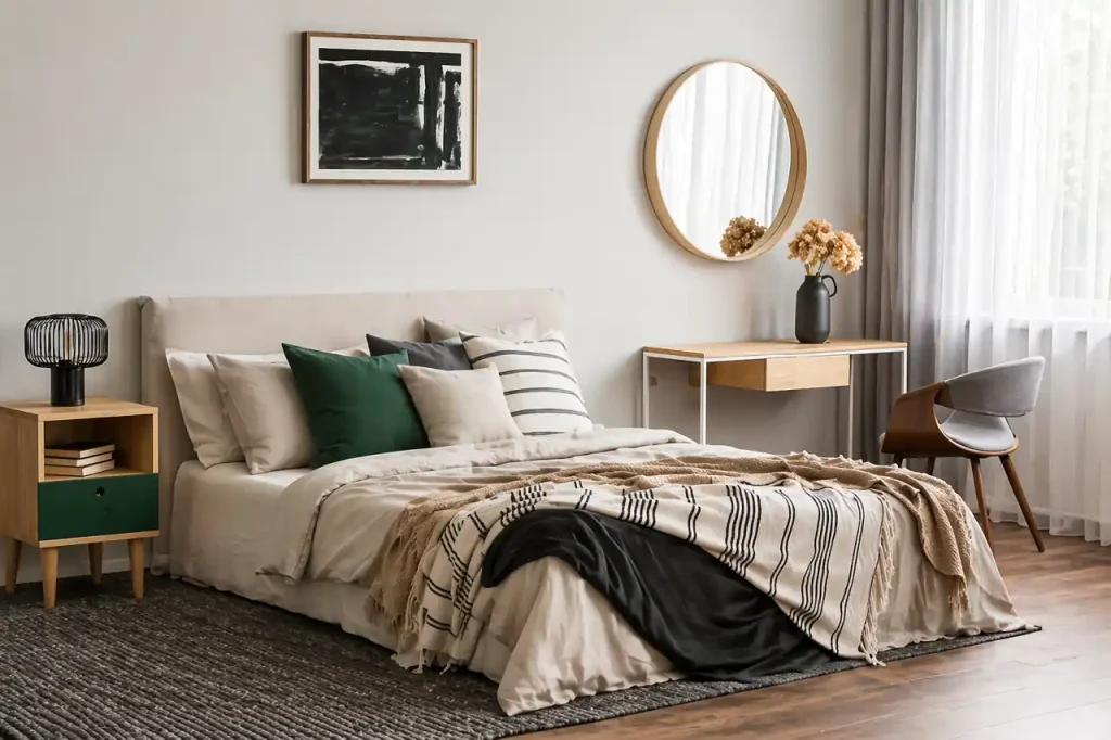 Minimalist bedroom with neutral bedding, wooden furniture, round mirror, and soft natural lighting
