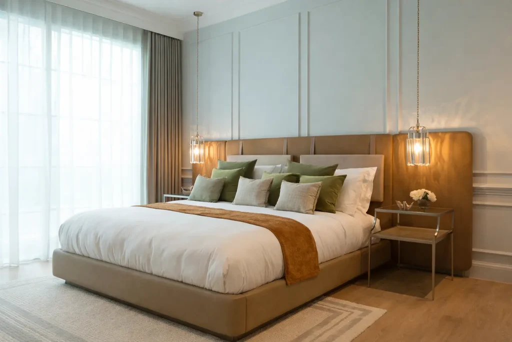 contemporary bedroom with grey upholstered bed neutral decor and modern lighting design