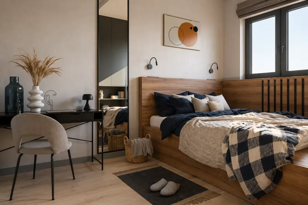 Cozy modern bedroom with wooden bed frame, navy bedding, workspace, and large window