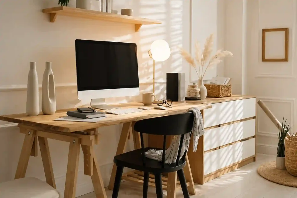 Minimalist home office with wooden desk, computer, soft sunlight, and neutral decor