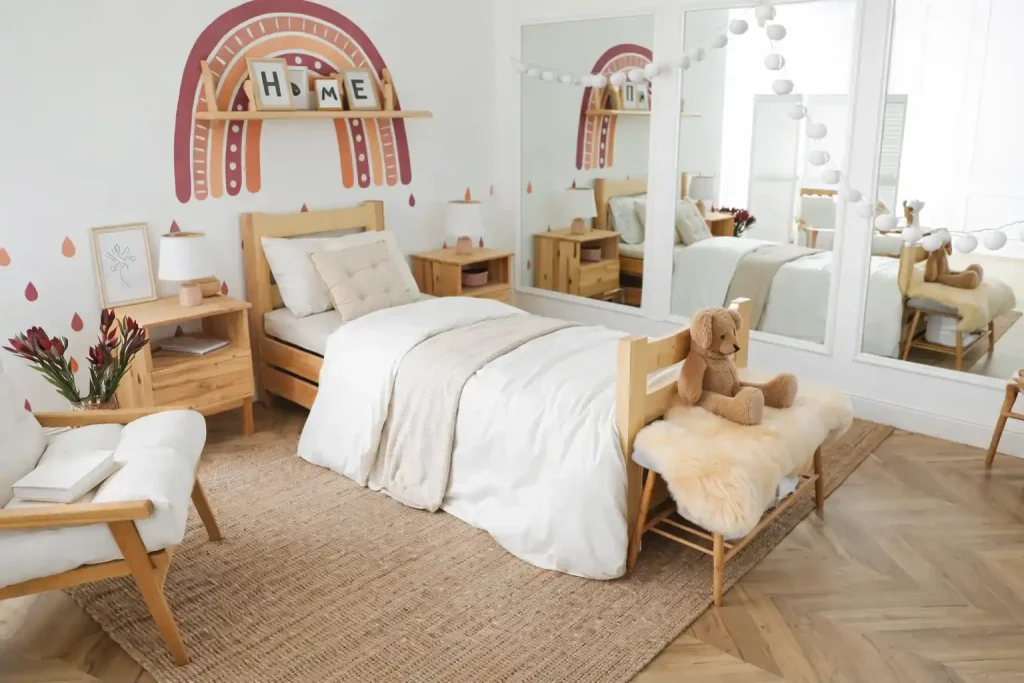 Cozy children's bedroom with wooden bed, white bedding, rainbow wall decor, teddy bear, and soft natural lighting