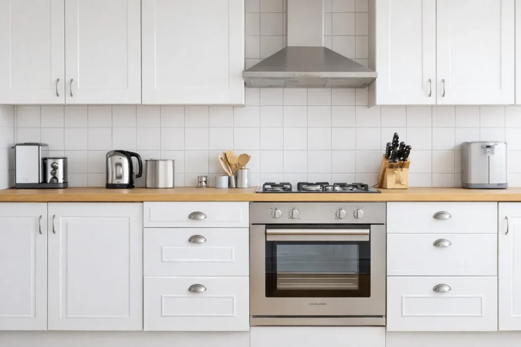 Modern white kitchen with wooden countertop, built-in oven, gas stove, and clean minimalist design