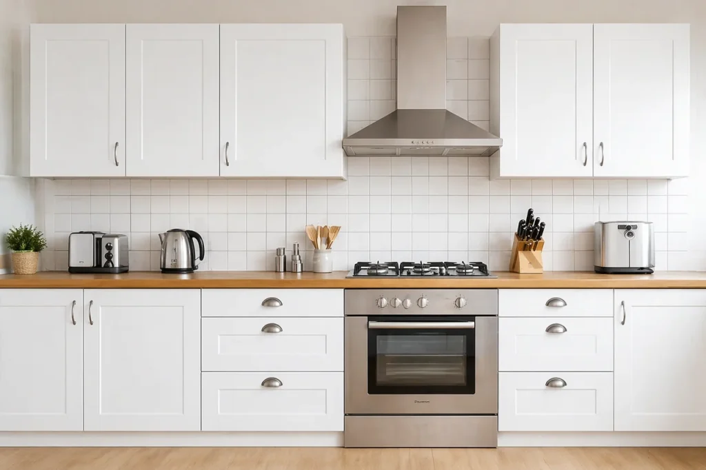 Modern minimalist kitchen with white cabinets, wooden countertop, and stainless steel appliances