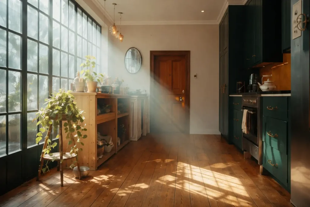 Sunlit modern kitchen with large grid windows, wooden flooring, indoor plants, and dark green cabinets with warm natural light