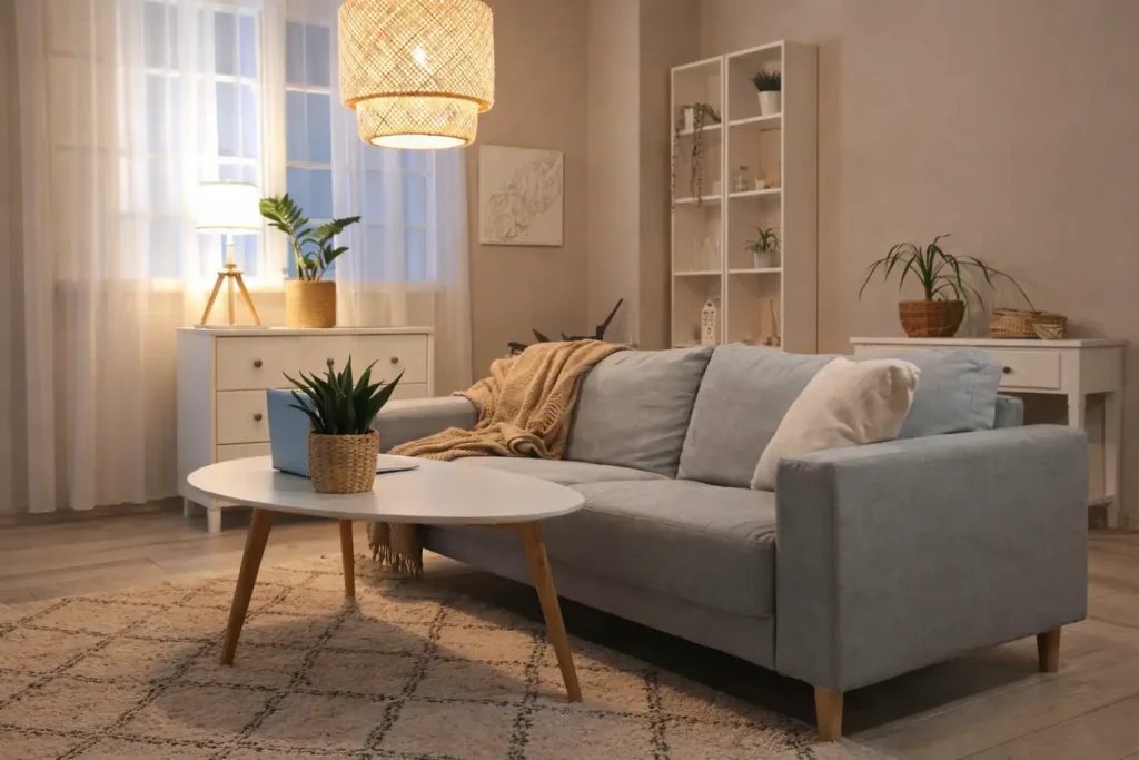 Cozy modern living room with gray sofa, wooden coffee table, indoor plants, and warm ambient lighting