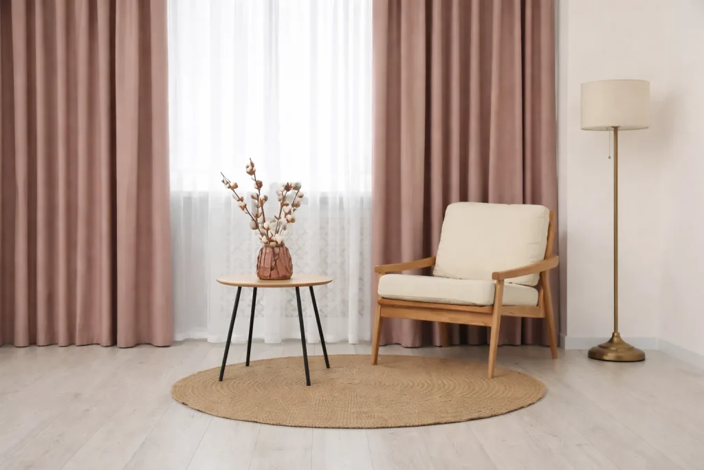 Minimalist living room corner with wooden chair, round table with vase, beige curtains, floor lamp and jute rug
