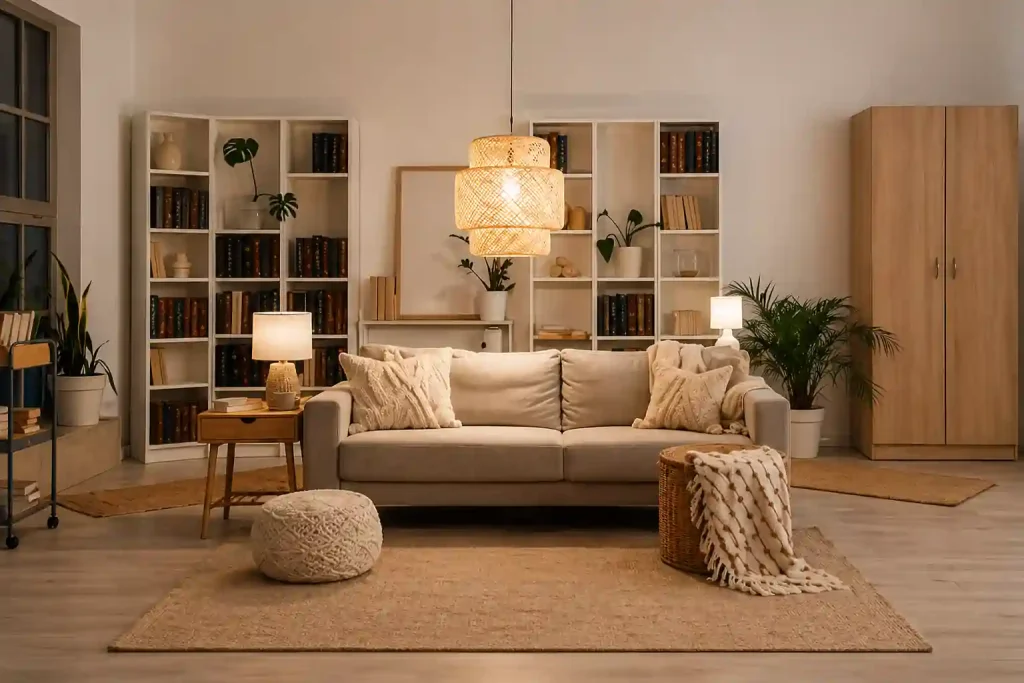 Cozy Scandinavian living room with beige sofa, warm lighting, bookshelves, and indoor plants