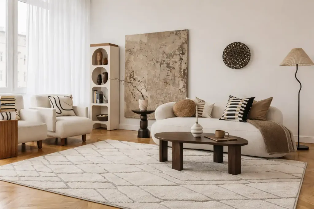 Bright modern living room with neutral sofa, abstract wall art and wooden coffee table