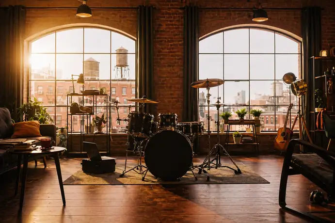 sunlit loft music studio with drum kit, large windows and warm ambient lighting
