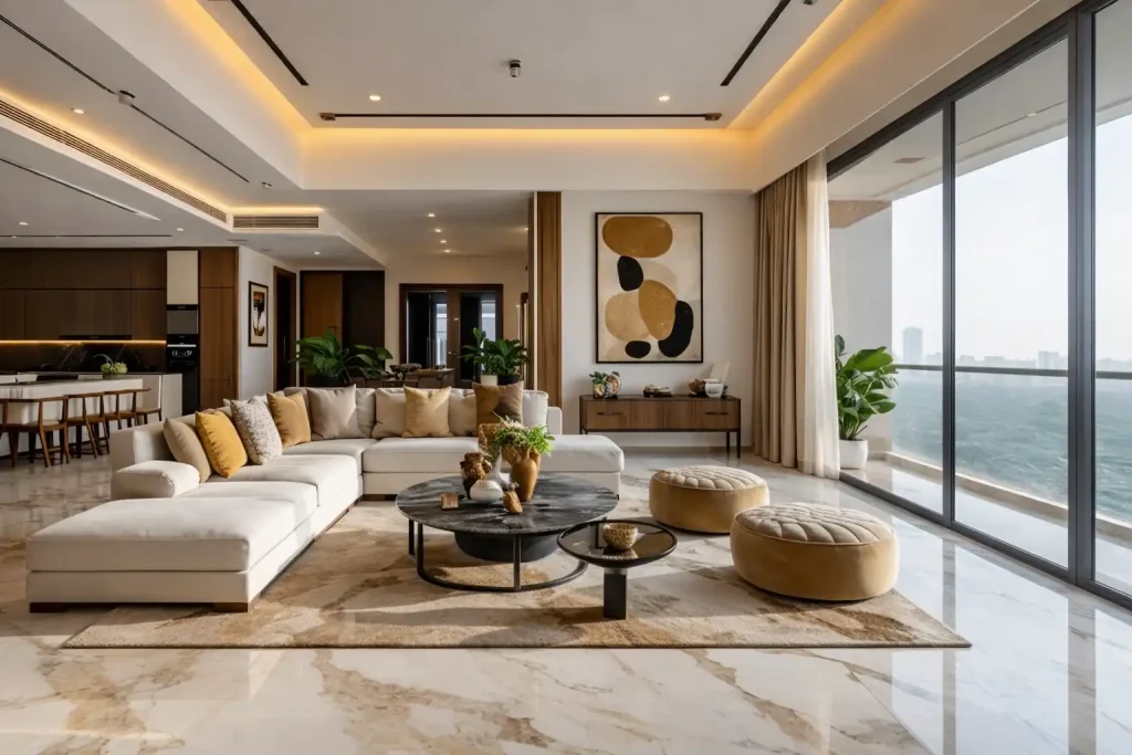 Luxury modern living room with large sectional sofa, marble flooring, round coffee table, and floor-to-ceiling windows with city view