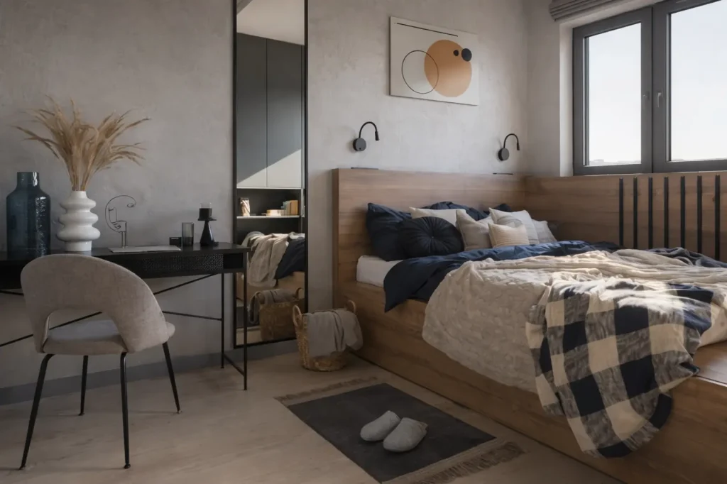 Cozy modern bedroom with wooden bed, soft bedding, workspace desk, mirror, and natural window light