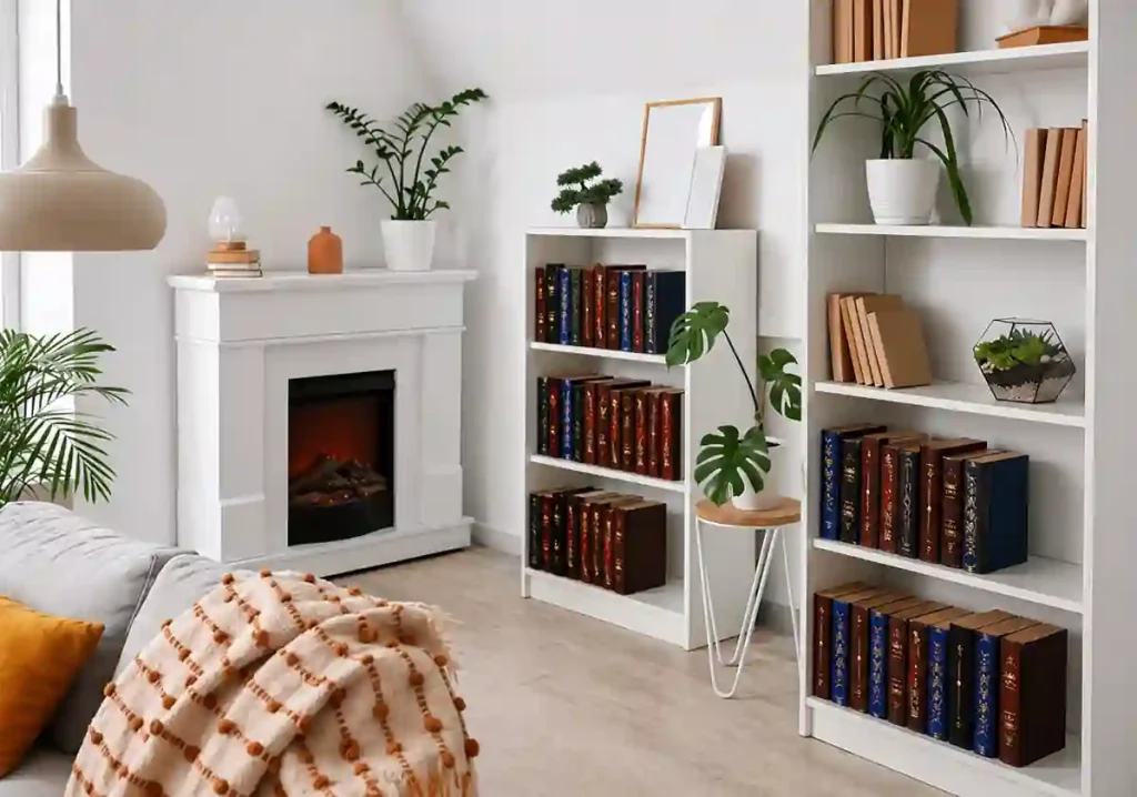 Bright Scandinavian living room with white fireplace, bookshelves, indoor plants and cozy sofa setup