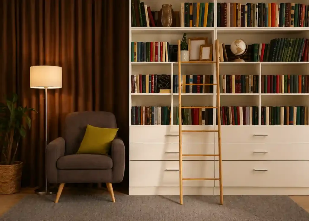 Modern reading corner with armchair, floor lamp and large bookshelf with ladder in a cozy living room