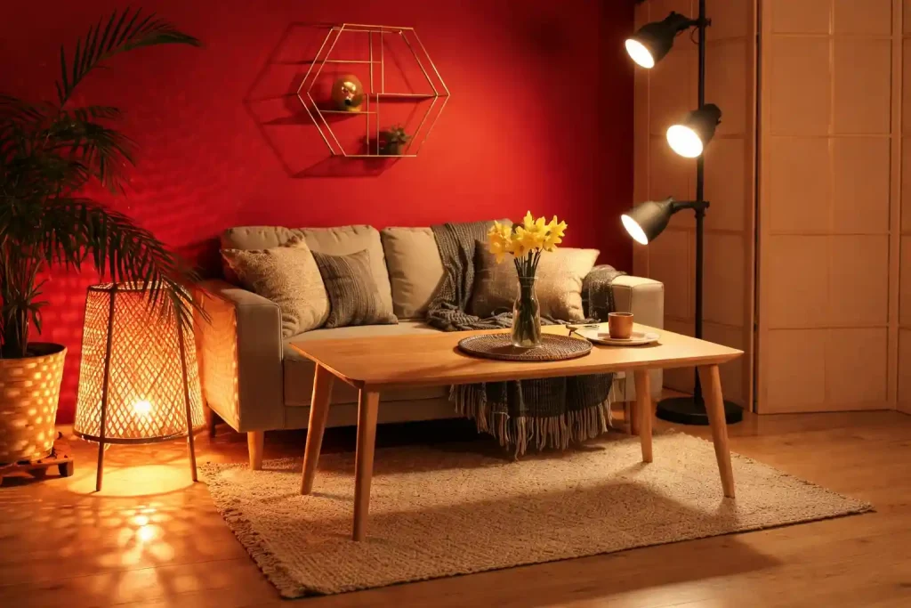 Modern grey and white bedroom with upholstered bed, striped bedding and wooden furniture