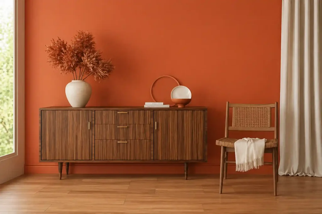 Modern interior with terracotta wall, wooden sideboard, decorative vase, and woven chair