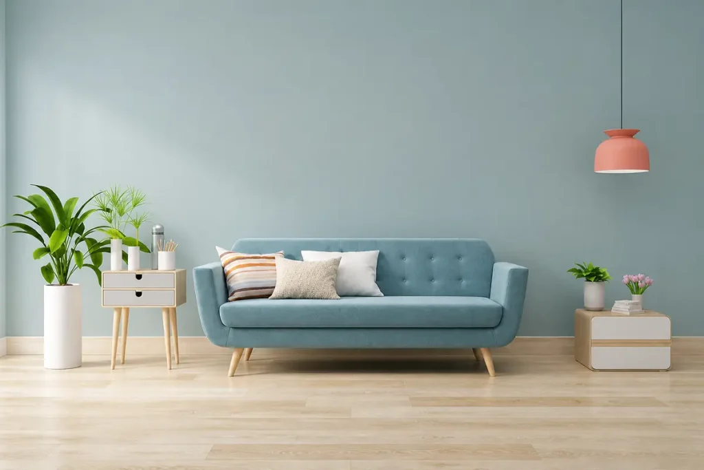 Scandinavian style living room with blue sofa, pastel wall, plants and minimalist decor
