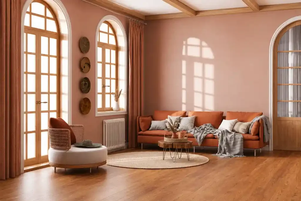 Sunny living room with terracotta sofa, arched windows, parquet flooring and warm interior decoration