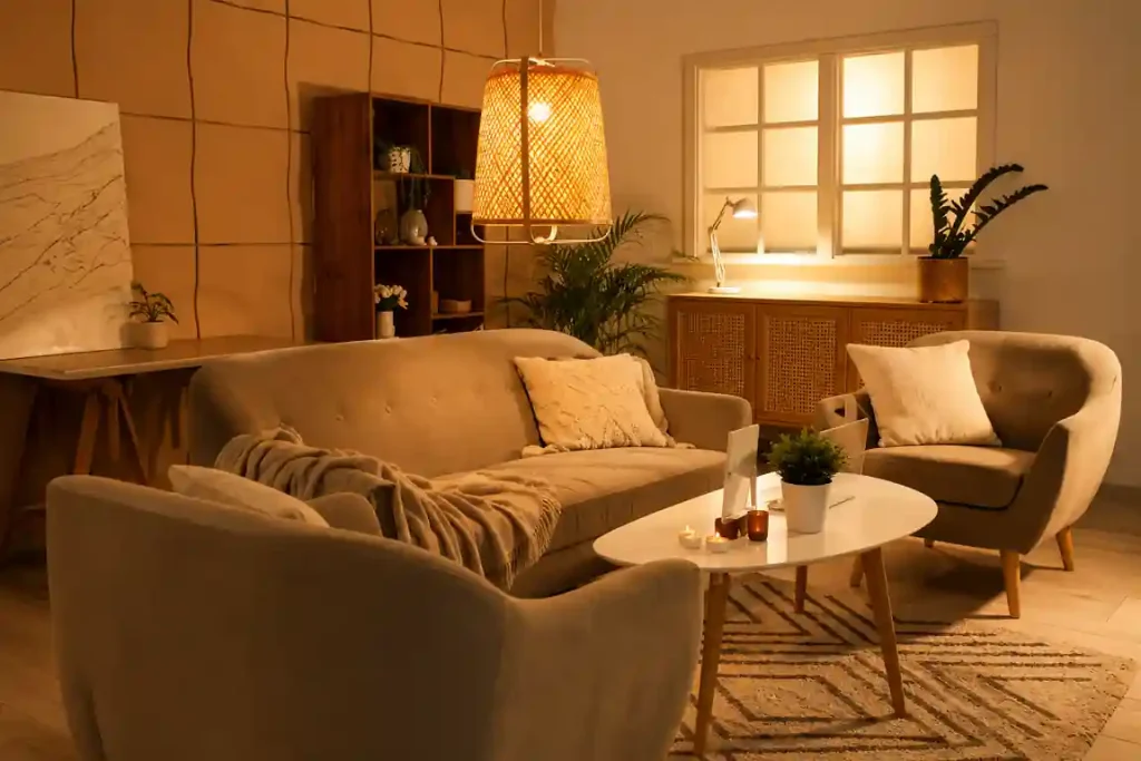 Warm modern living room with beige sofa set, pendant lamp, wooden furniture, indoor plants, and cozy decor