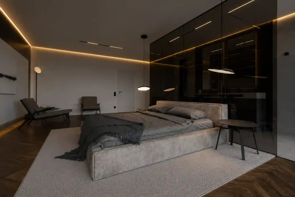 "Modern industrial bedroom interior with wooden platform bed, dark tiled flooring, concrete walls, ambient LED lighting, and minimalist luxury decor