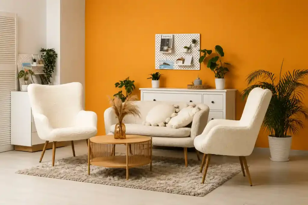 Modern living room with orange accent wall, white armchairs, cozy sofa, wooden coffee table, and indoor plants