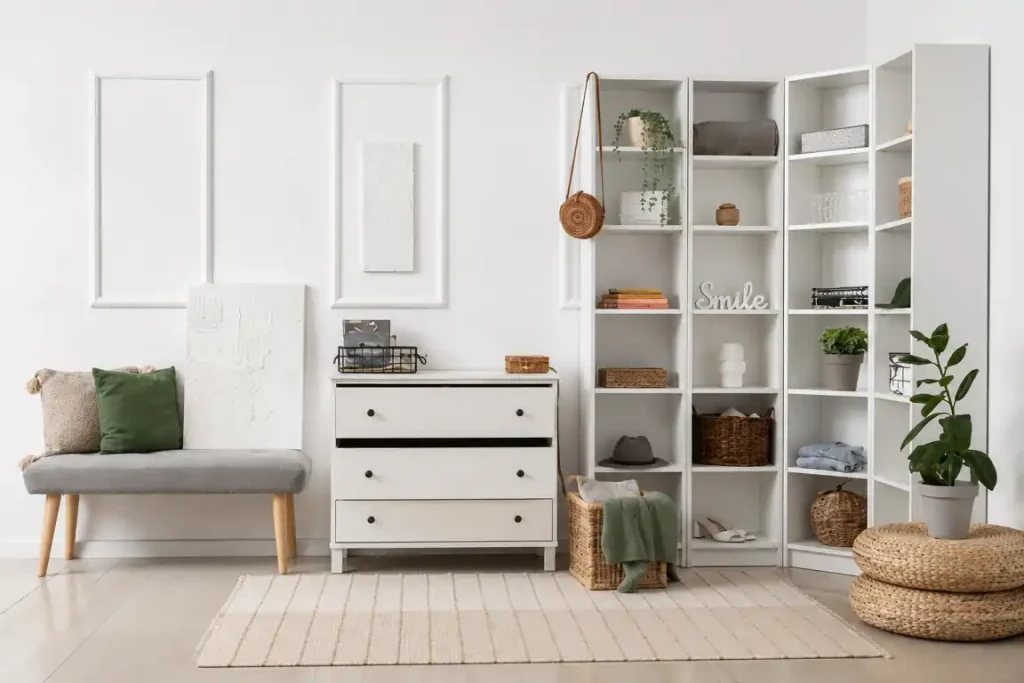 Bright Scandinavian-style room with white storage shelves, wooden accents, woven baskets, indoor plants, and minimalist decor